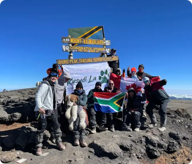 Team photo on the summit with flags Team photo on the summit with flags